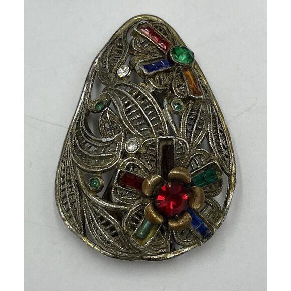 Antique 1930’s Multi-Color Glass Rhinestone Large Tear Drop Fur Dress Clip - Picture 2 of 8